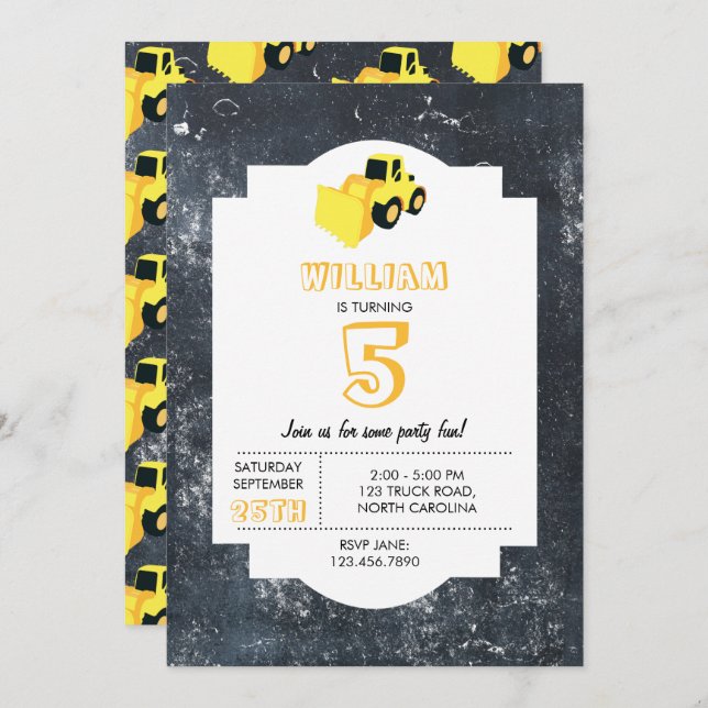 Front End Loader Construction Truck Birthday Invitation (Front/Back)