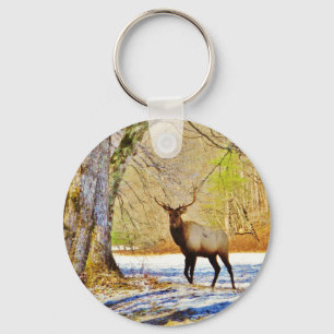 > frontal Bull elk in Snow Key Ring