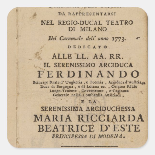 Frontispiece from Mozart's 'Lucio Silla' Square Sticker (Front)