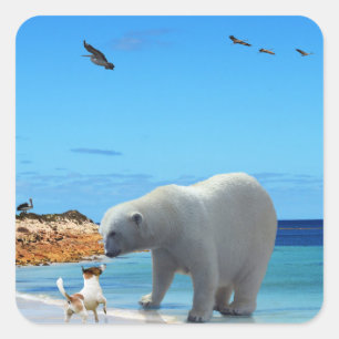 Frost and Fur: A Polar Bear Meets a Fox Terrier Square Sticker