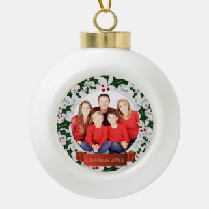 Frost and Holly Wreath Photo Frame Ceramic Ball Christmas Ornament