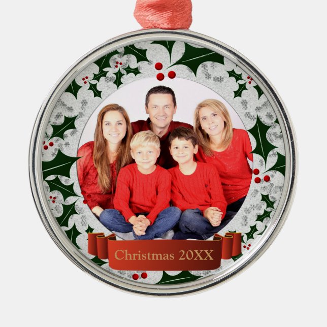 Frost and Holly Wreath Photo Frame Metal Ornament (Front)