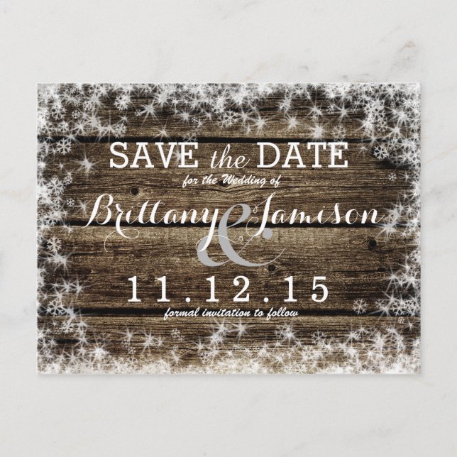 Frost Bite Barn Wood Rustic Winter Save the Date Announcement Postcard (Front)