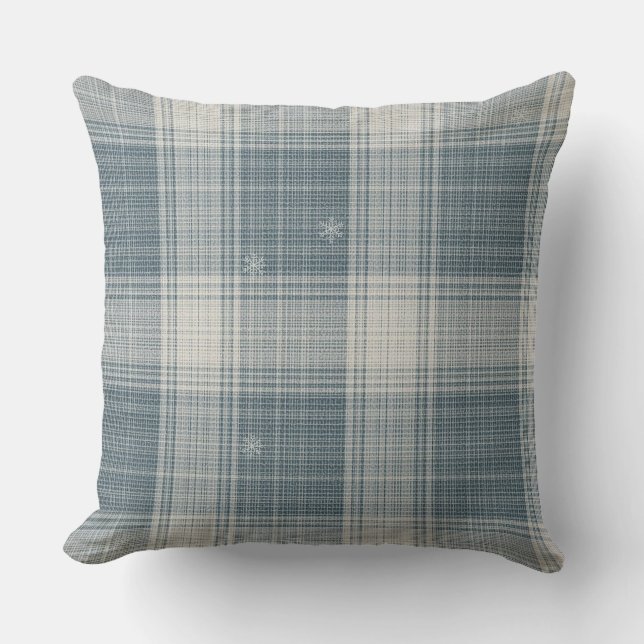 Frost Blue Nordic Plaid Snowflake Throw Pillow (Front)