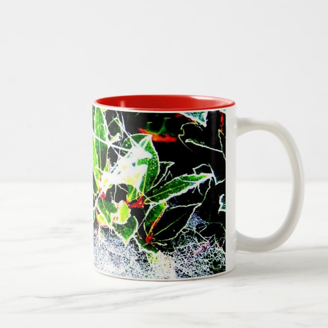 frost covered holly for christmas Two-Tone coffee mug (Right)