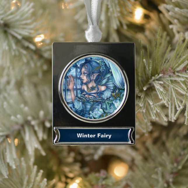 Frost Fairy Girl's View of a Sapphire Winter Silver Plated Banner Ornament (Tree)
