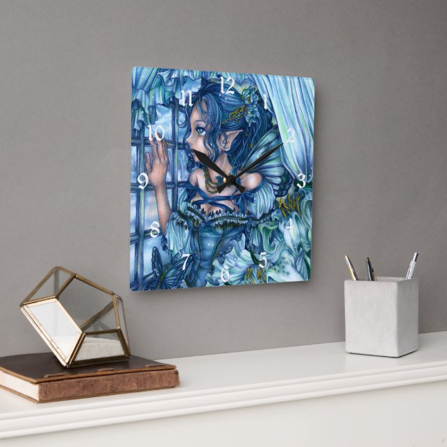 Frost Fairy Girl's View of a Sapphire Winter Square Wall Clock (Office)