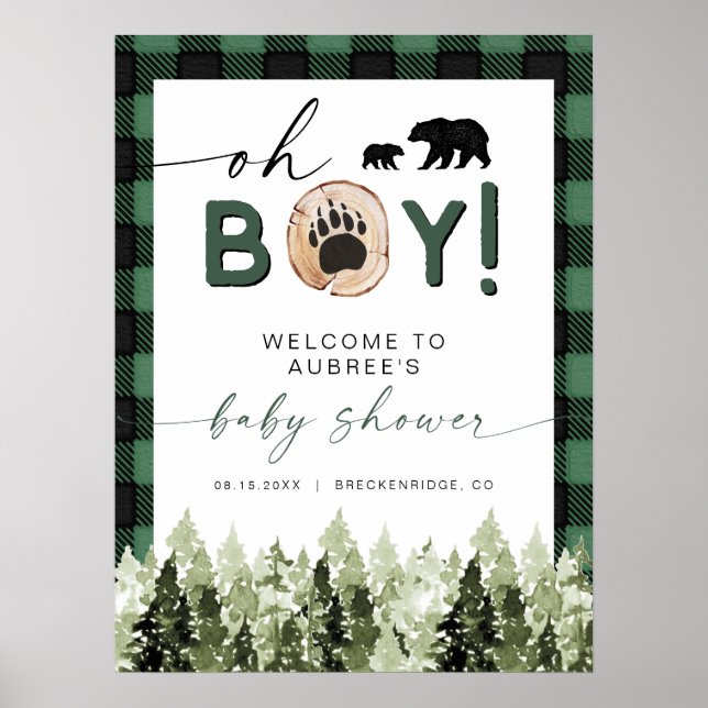FROST Green Flannel Pine Bear Baby Shower Welcome Poster (Front)