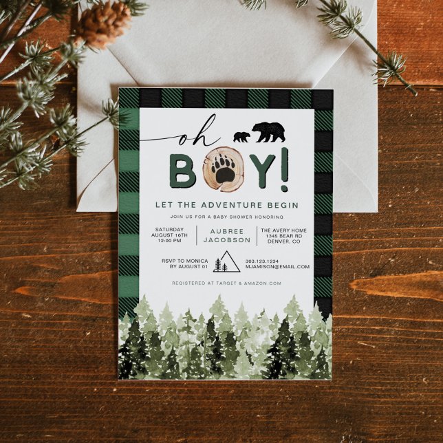 FROST Green Flannel Pine Bear Boy Baby Shower Invitation (Creator Uploaded)