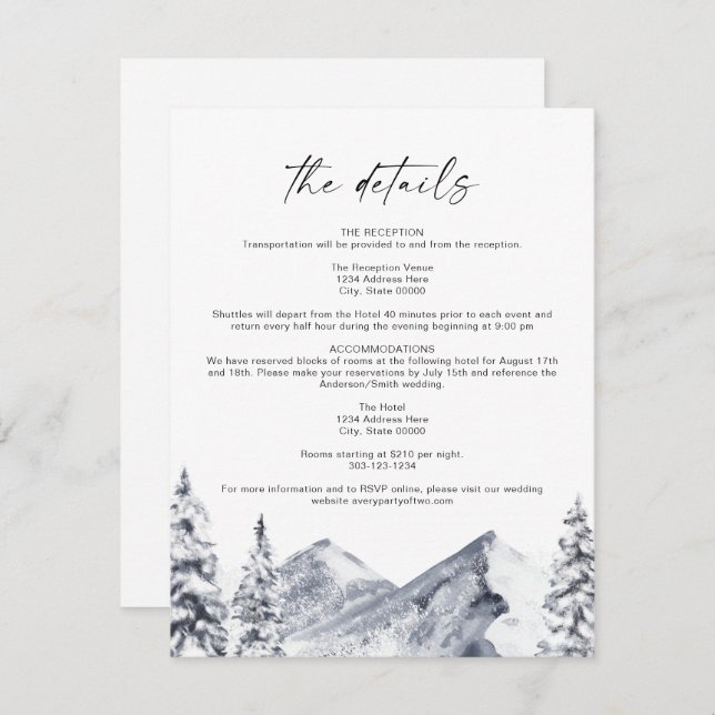 FROST Mountain Ski Winter Wedding Details Card (Front/Back)