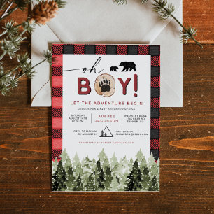 FROST Red Flannel Pine Bear Boy Baby Shower Invitation