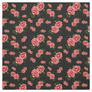 Frost Rosen, Pink rose, folk rose flower 3, black Fabric