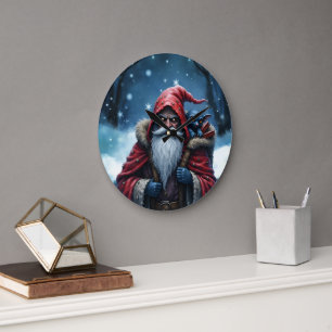 Frostbite Santa & His Mischief Elf. Large Clock