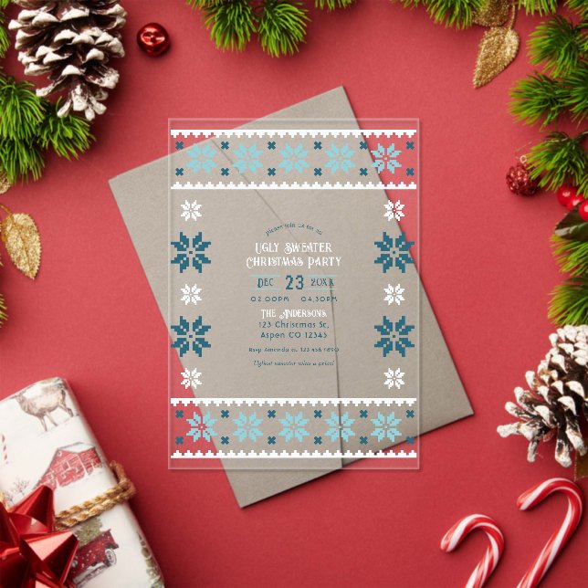 Frosted Aqua Ugly Sweater Christmas Party Acrylic Invitations (Insitu (Holiday))