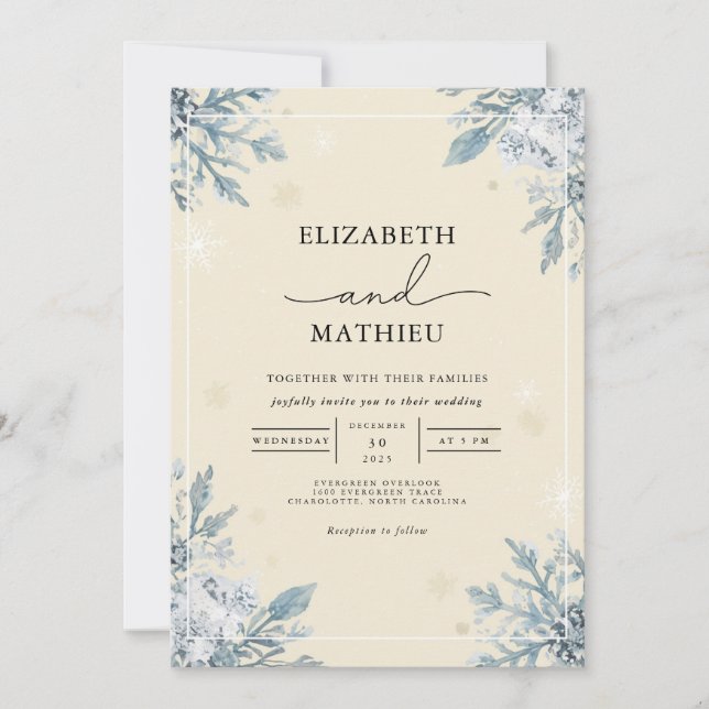 Frosted Azure Botanical Winter Wedding Invitation (Front)