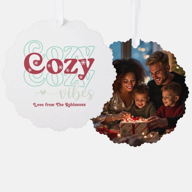 Frosted Berry Cosy Vibes Retro Christmas Photo Tree Decoration Card (Front/Back)