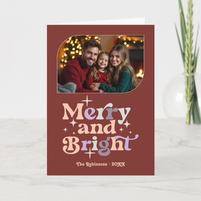 Frosted Berry Merry & Bright Retro Christmas Photo Holiday Card (Front)