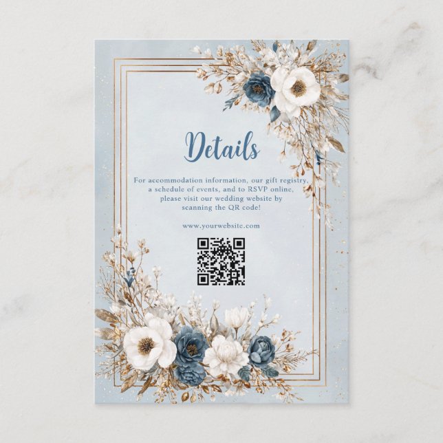 Frosted Bloom Dusty Blue and Gold Wedding Enclosure Card (Front)