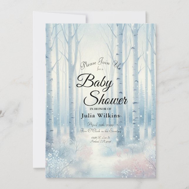 Frosted Blue Birch Forest Baby Shower Invitation (Front)