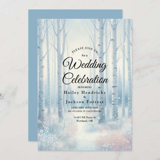 Frosted Blue Birch Forest Wedding Invitation (Front/Back)
