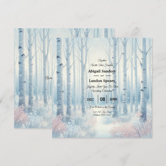 Frosted Blue Birch Forest Wedding Invitation (Front/Back)