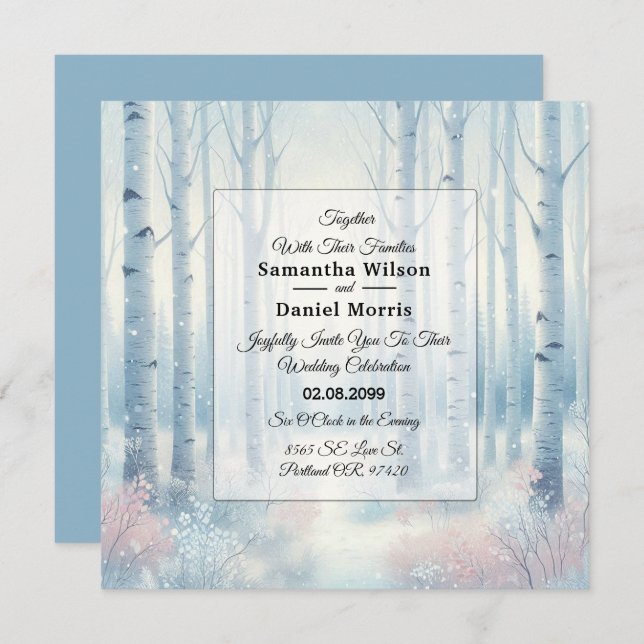 Frosted Blue Birch Forest Wedding Invitation (Front/Back)