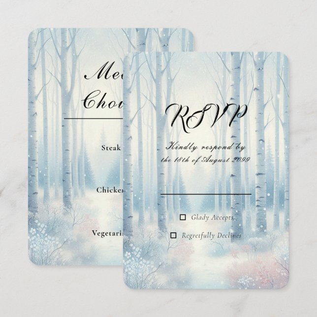 Frosted Blue Birch Forest Wedding RSVP Card (Front/Back)