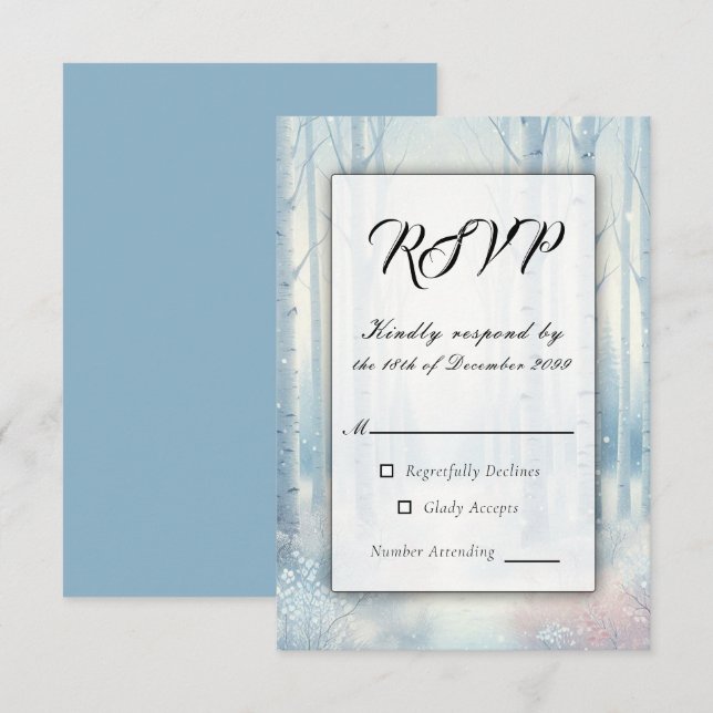 Frosted Blue Birch Forest Wedding RSVP Card (Front/Back)