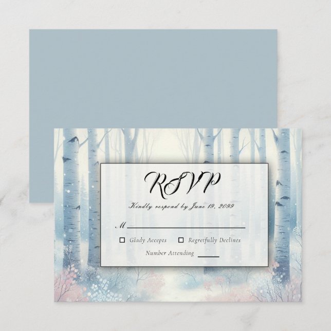 Frosted Blue Birch Forest Wedding RSVP Card (Front/Back)