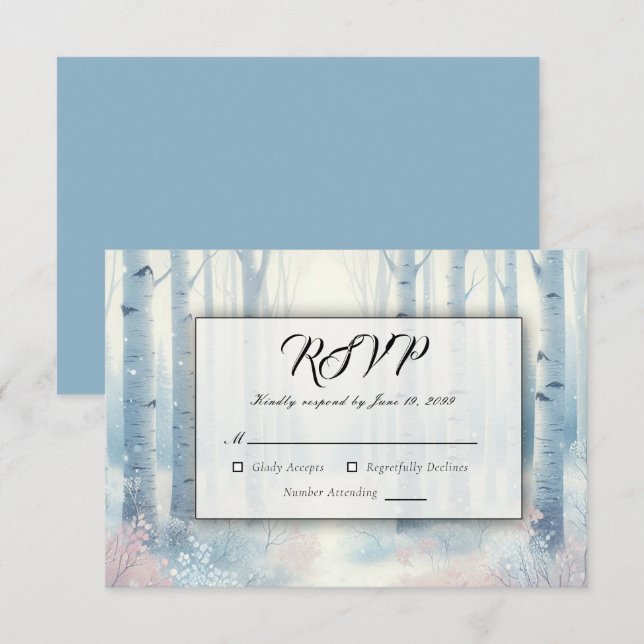 Frosted Blue Birch Forest Wedding RSVP Card (Front/Back)