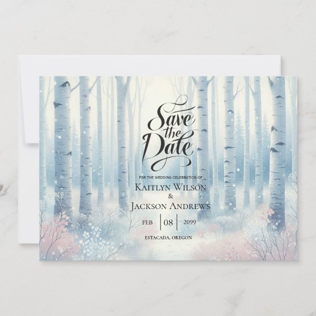 Frosted Blue Birch Forest Wedding Save The Date (Front)