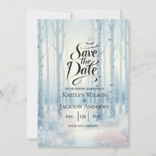 Frosted Blue Birch Forest Wedding Save The Date
