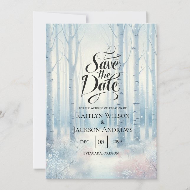 Frosted Blue Birch Forest Wedding Save The Date (Front)