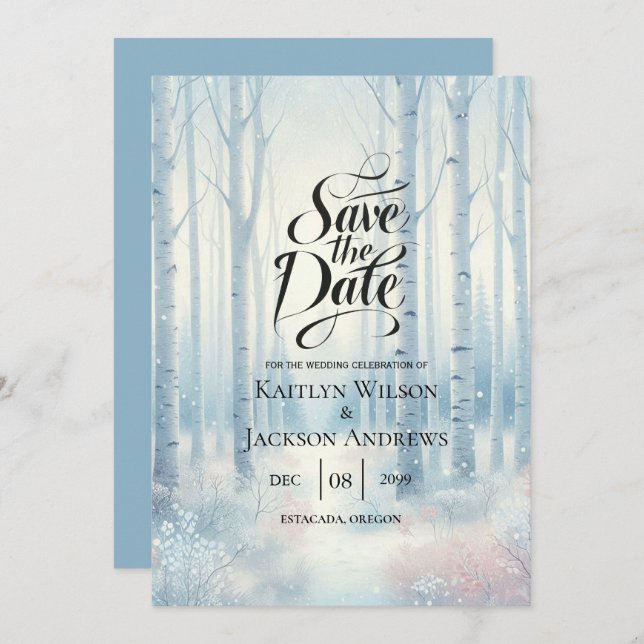 Frosted Blue Birch Forest Wedding Save The Date (Front/Back)