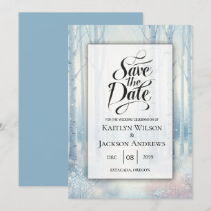 Frosted Blue Birch Forest Wedding Save The Date