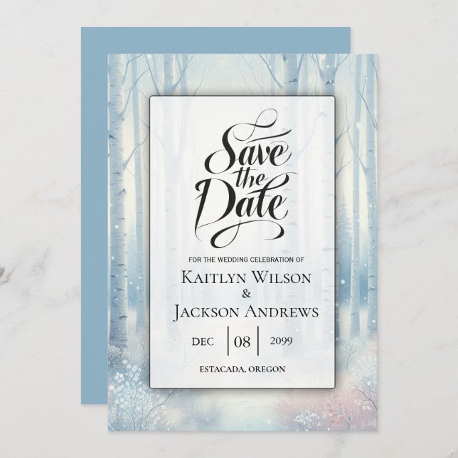 Frosted Blue Birch Forest Wedding Save The Date (Front/Back)