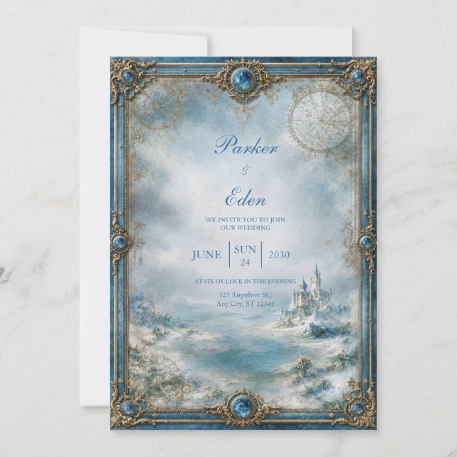 Frosted Blue Castle Wedding Invitation (Front)