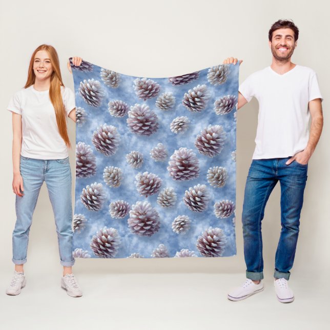 Frosted Blue Pinecones Pattern Throw Pillow Fleece Blanket (In Situ)