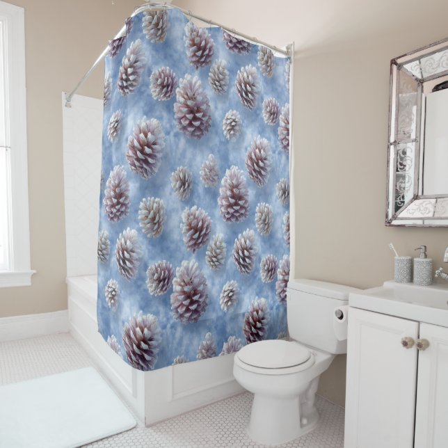Frosted Blue Pinecones Pattern Throw Pillow Shower Curtain (In Situ)