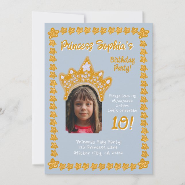 Frosted Blue Princess Crown Floral Photo Birthday Invitation (Front)