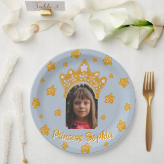 Frosted Blue Princess Crown Floral Photo Birthday Paper Plate