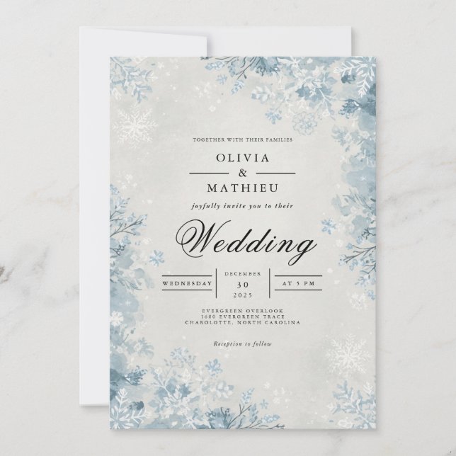 Frosted Blue Winter Blooms Wedding Invitation (Front)