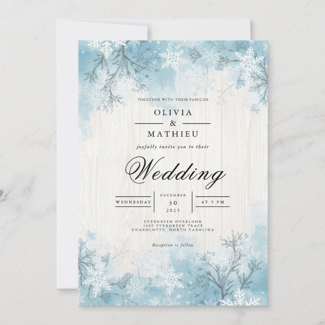 Frosted Blue Winter Branch Wedding Invitation (Front)