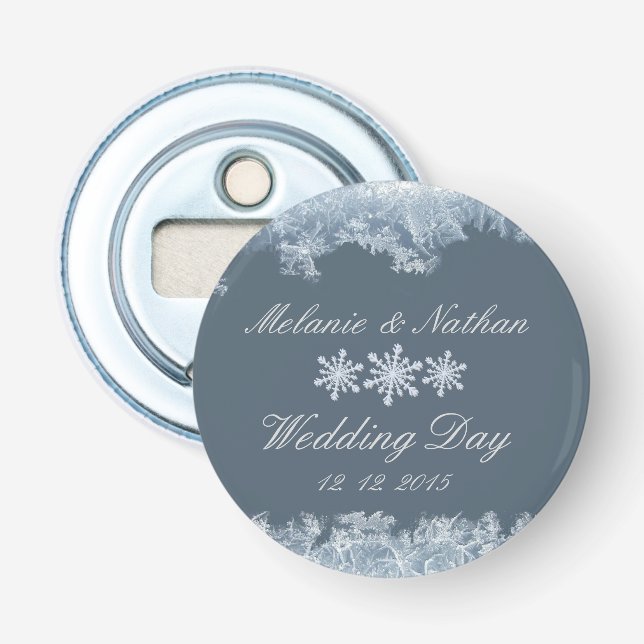 Frosted Blue Winter Wedding Custom Bottle Opener (Front)