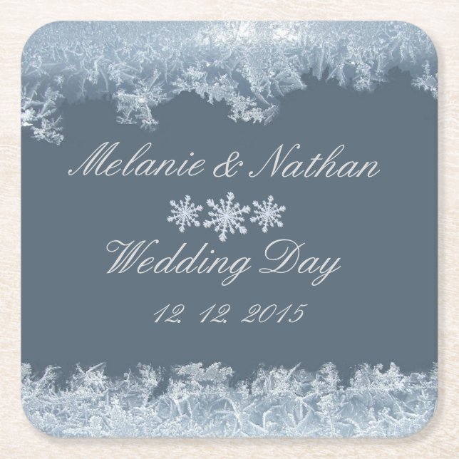 Frosted Blue Winter Wedding Custom Square Paper Coaster (Front)