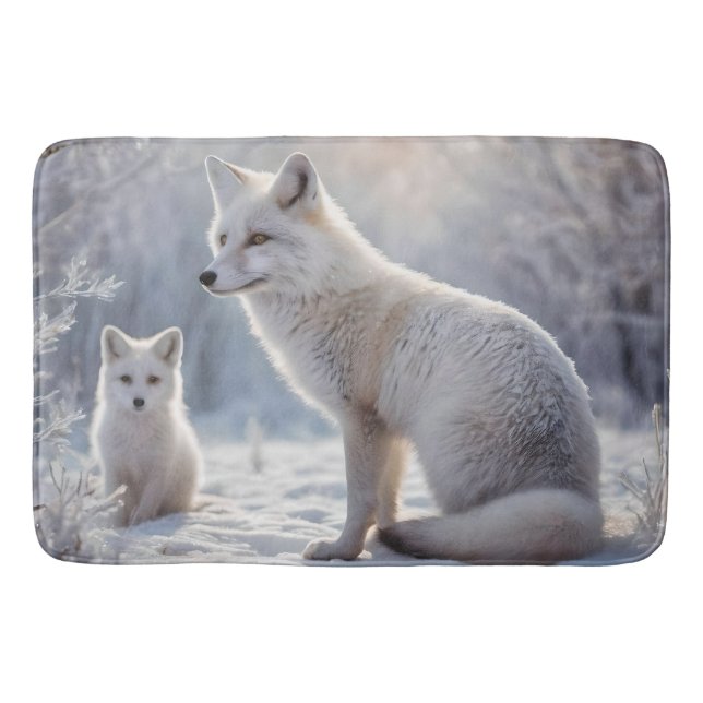 "Frosted Bonds: The Arctic Fox and Her Cub" Bath Mat (Front)