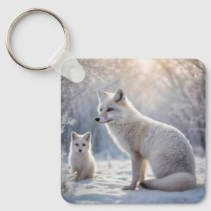 "Frosted Bonds: The Arctic Fox and Her Cub" Key Ring
