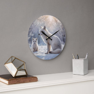 "Frosted Bonds: The Arctic Fox and Her Cub" Large Clock