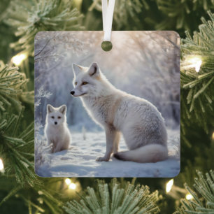 "Frosted Bonds: The Arctic Fox and Her Cub" Metal Tree Decoration