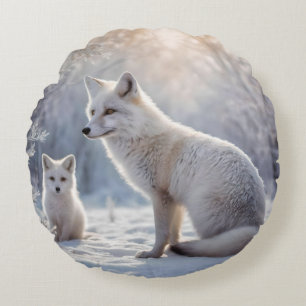 "Frosted Bonds: The Arctic Fox and Her Cub" Round Cushion